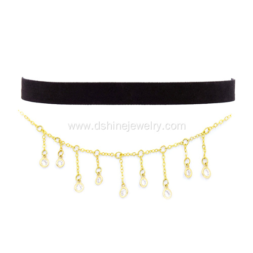 Black Velvet Choker Rhinestone Gold Chain Necklace For Women